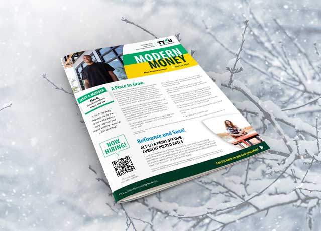 Cover of modern money newsletter on a winter background